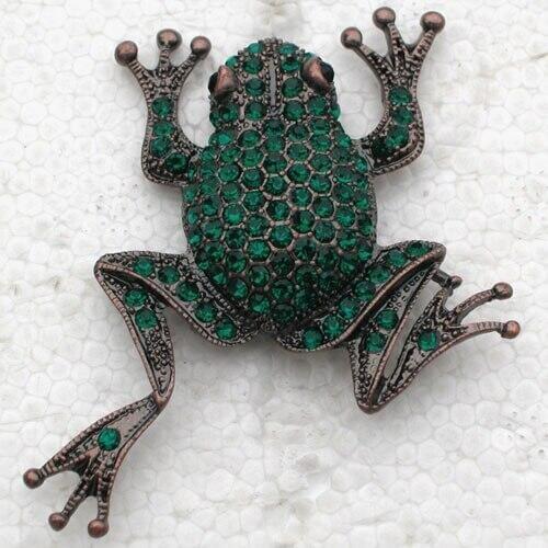 Antique copper Green Rhinestone Frog Pin brooches C239 M3