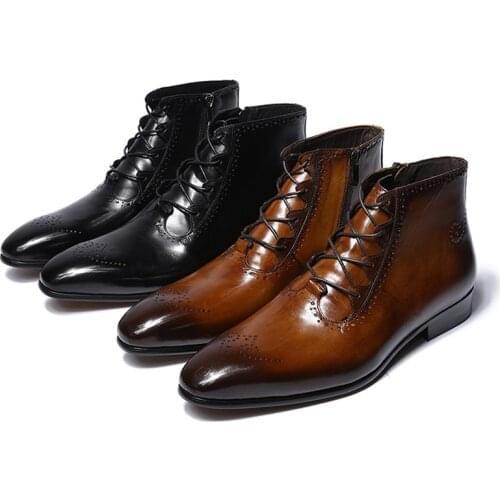 2019 Spring Autumn Fashion Genuine Leather Ankle Boots High Top Lace Up Zipper Formal Shoes High Quality Male Zip Strap Boots