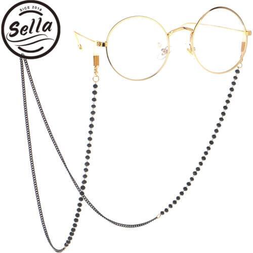 Sella Fashion Women Men Glasses Neck Strap Chain Acryl Crystal Black Beads Eyeglasses Necklace Metal Sunglasses Cord Lanyard