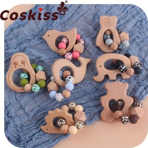 Coskiss 1set BPA-Free Leopard Silicone Beads Baby Pacifier Clip Chain Dummy Nipple Holder Cartoon Beech Wood Teether Bracelet