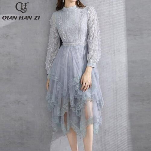 Qian Han Zi designer fashion dress Long sleeve mesh Lace Asymmetrical Cascading Ruffle Sequins Slim dress women elegant party