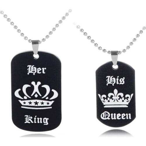 Her King and His Queen Black Titanium Couple Necklace Stainless Steel Pendant Gifts Loves Valentines Day gift