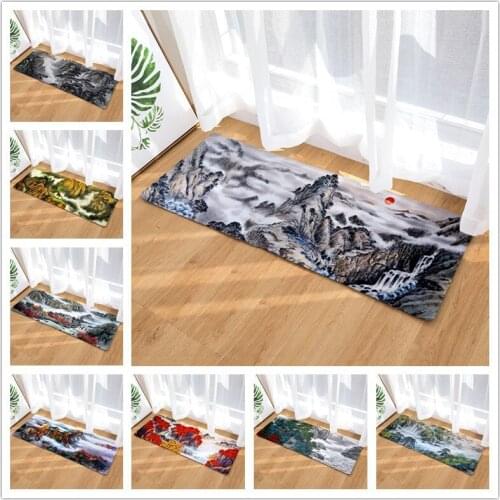 Flannel Long Floor Mat Door Mat Mountain and River Pictures Kitchen Bathroom Water-Absorbing Non-Slip Mat Carpet