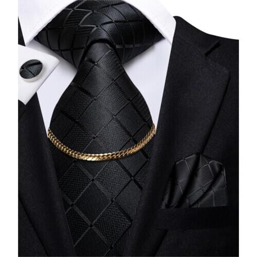 Hi-Tie Business Black Luxury Plaid Mens Tie Silk Nickties Fashion Tie Chain Hanky Cufflinks Set Design Gift For Men Wedding
