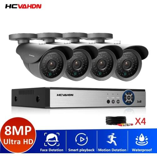 HCVAHDN H.265+ 4CH DVR CCTV Camera System 8MP IR Night Vision Indoor Outdoor Bullet Camera 4K Home Security System Kit XMEYE