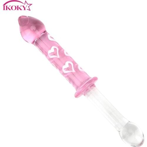 IKOKY Pink Glass Crystal Dildo Penis Anal Plug Heart Stimulation Clitoris G-Spot Anal Sex Toys for Women Man Vagina Massage
