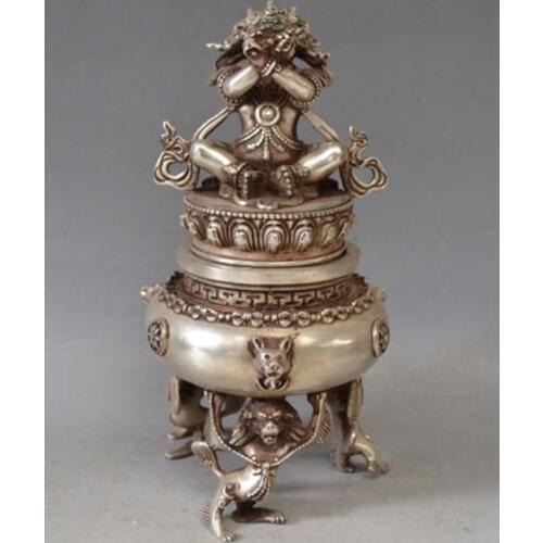 Chinese Tibetan Silver Mahakala Buddha Incense Burner Censer