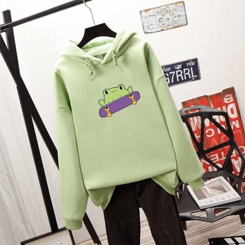 Hooded Jacket Hip Hop Streetwear Frog on Skateboard Print Hoodie for Teen Girls Kawaii Long Sleeve Cartoon Printed Pullover