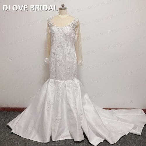 Lace Satin Wedding Dress High Quality Long Sleeves Bridal Gown Custom Made Factory Real Photo