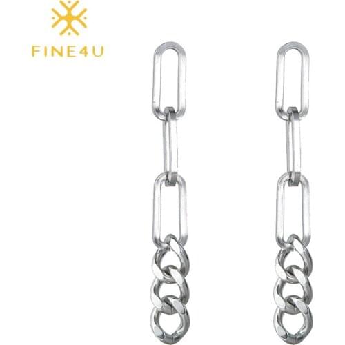 FINE4U E234 Chain Link Linear Stud Earrings for Women Gold Color Curb Chain Drop Earrings
