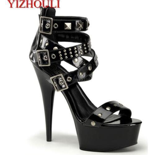 15 cm fashion heels 6 inches thick, sexy rivet decorated sandals, new womens banquet stage sandals