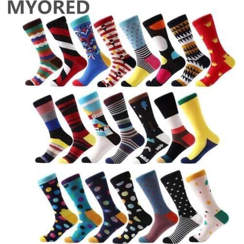 MYORED Fashion Colorful Socks Men Hit Color argyle Stripes big dot Jacquard filled optic combed Cotton Male Sock wedding gift