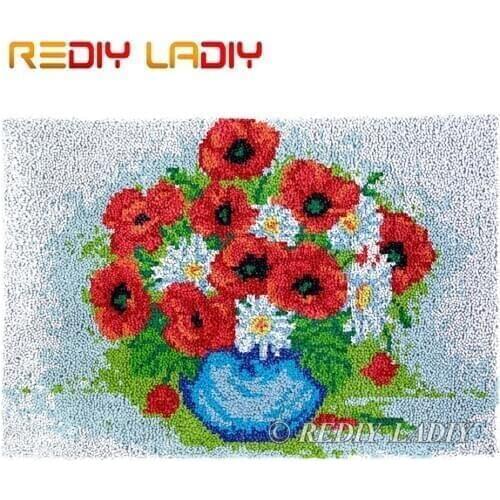 Latch Hook Rug Poppy with Daisy Chunky Yarn Tapestry Kits Crochet Cushion Mat DIY Carpet Rug Needlework Hobby & Crafts 85*58cm