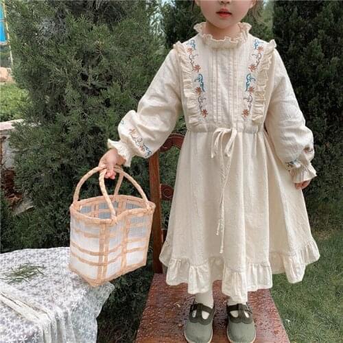 2021 New Autumn Korean Style Baby Girls Embroidery Dress Long Sleeve Ruffles Toddlers Kids Princess Dresses