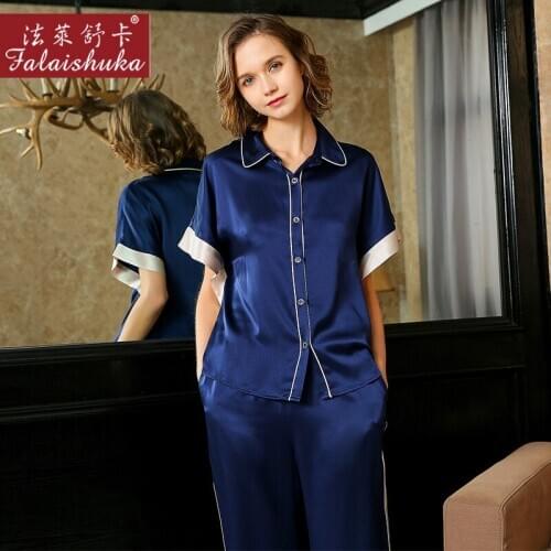 Elegant Navy blue 100% silk pajamas sets women sleepwear short sleeves Korean sexy 100% genuine silk womens pyjamas T8233
