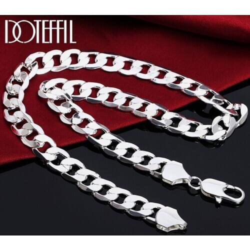 DOTEFFIL 925 Sterling Silver 18/20/22/24/26/28/30 Inch 12mm Flat Sideways Necklace For Women Man Fashion Wedding Charm Jewelry
