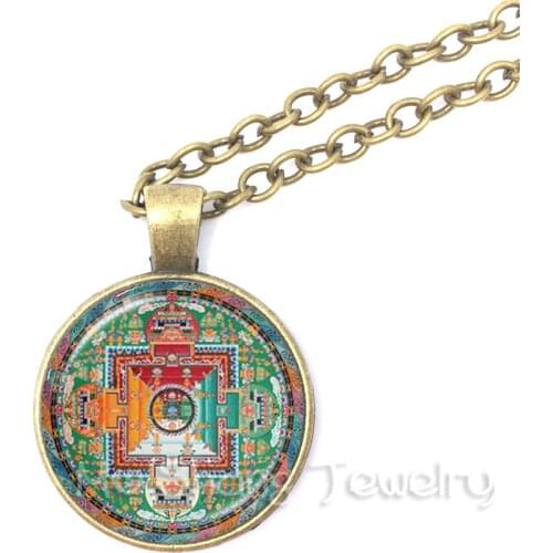 Antique Bronze Plated Necklace Tibetan Buddhist Mandala Glass Dome Pendant Spiritual Sri Yantra Choker India Hinduism Yoga