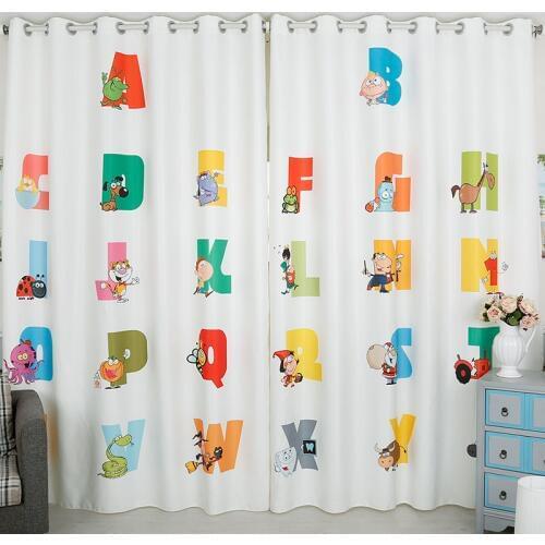Custom Made 2x Grommet Hook Window Curtain Nursery Kids Children Room Window Dressing Tulle 200x260cm Cartoon White Alphabet