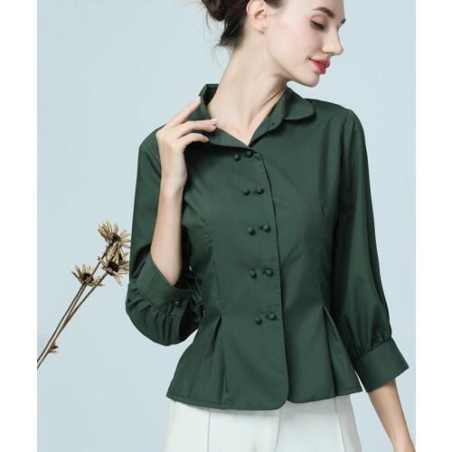 Luxury Vintage England Style Slim Women Shirt 7/10 Sleeve Turn-down Peplum Tops Elegant Mature Ladies Street Office wear Shirts