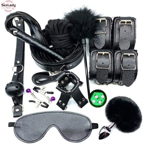 SexLady Sex Handcuffs Whip Collar Gag Nipple Clamps Rope Bdsm Bondage Set Erotic Sex Toys For Couples Women Anal Butt Plug Tail