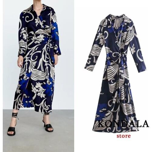 KONDALA Za 2021 Chic Floral Vintage Long Pleated Dress V Neck Long Sleeve Side Split Women Dress Fashion Autumn Vestidos