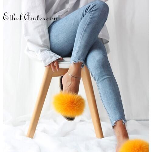 Flip Flops Slippers Womens 2020 Sandals Real Fox Fur Designer Slides Crystal Decoration Shine Female Fluffy Outdoor Shoes