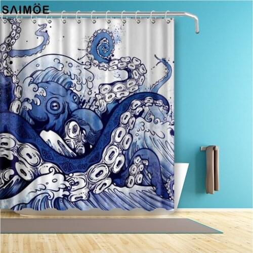 Fabric Shower Curtain for Bathroom - Giant Blue Octopus For Bathroom Polyester