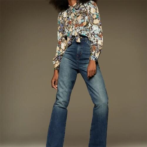 TRAF Women 2021 Fashion With Bow Tie Floral Print Cropped Blouses Vintage Long Sleeve Button-up Female Shirts Streetwear