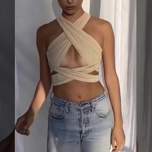 E-Girl Clothes Streetwear Outfits Bandage Criss Cross Camis Crop Halter Tops Patchwork Hollow Out Women Fashion Sexy Tank Tops