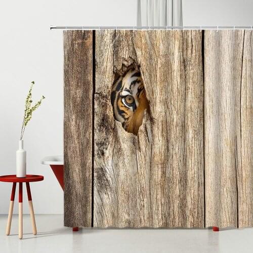 Old Fashioned Wood Grain Waterproof Shower Curtains Interesting Tiger Behind The Plank Peep Fabric Bathroom Decorative 3D