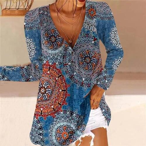 Women Long Sleeve Deep V-neck Buttons Pocket T-Shirt Fashion Retro Printing Blouse Top Daily All-match Lovely Girls T-shirt