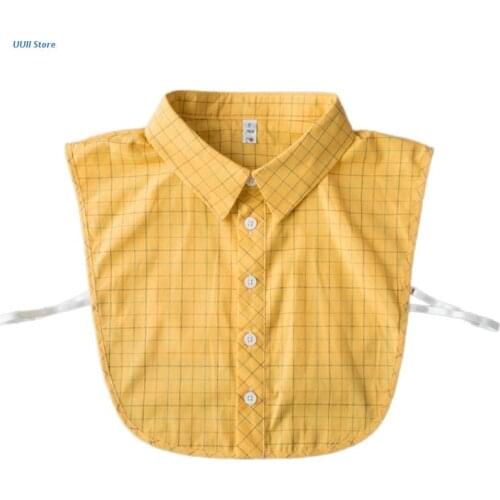 Women Student Lemon Yellow Lapel False Collar Vintage Plaid Half Shirt Dickey
