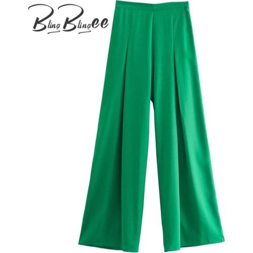 BlingBlingee Za 2021 Woman Trousers Traf Summer Loose Wide Leg Pants High Waist Folds Front Zip-Closed Casual Green Long Pants