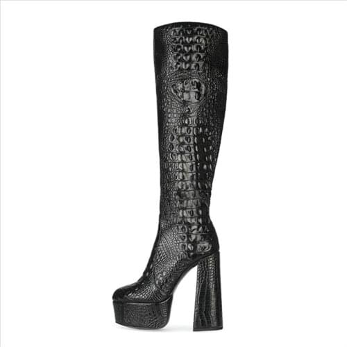 2021 Knee High Boots Round Toe Platform Boots Square Heels Women Boots Alligator Boots Женские сапоги