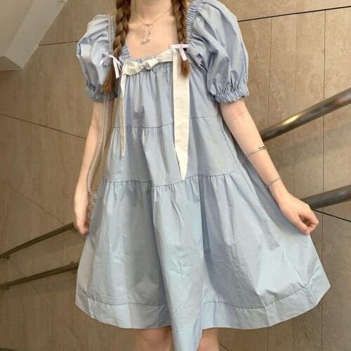 Korean Vintage Bowknot Preppy Style Dress Summer Square Collar Puff Sleeve Women Casual Beach Dress Robe Femme Dresses Vestidos