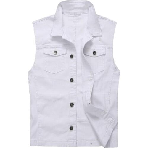 New Brand Men White Denim Vest Coat Vintage Sleeveless Washed Frayed Waistcoat Male Casual Jeans Jacket