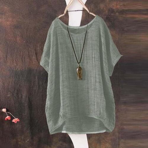 Plus Size Blouse Womens Shirt Solid Cotton Linen O-Neck Bat Short Sleeve Casual Loose Top Pullover Blusas Mujer De Moda 2021