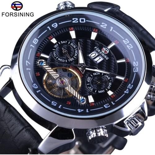 Forsining Tourbillion Automatic Wrist Watch Calendar Display Genuine Leather Strap Mens Watch Top Brand Luxury Calendar Clock