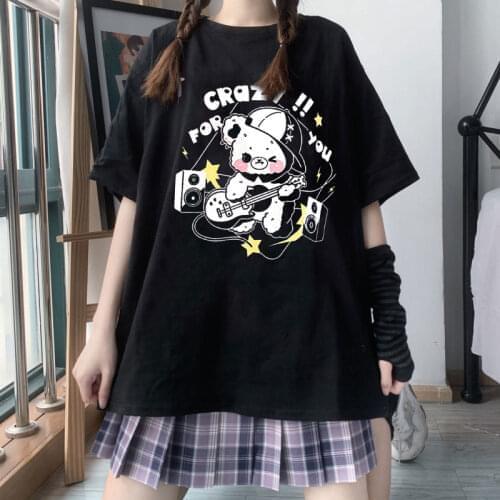 Black rock bar bear print street T-shirt punk style loose top Harajuku lolita student T-shirt female