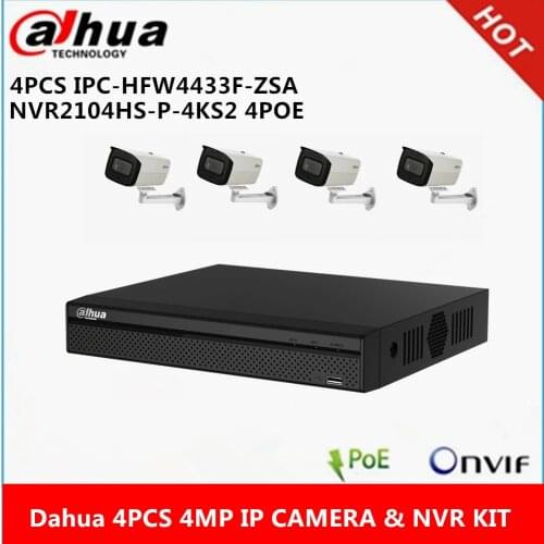 Dahua 4 pcs IPC-HFW4433F-ZSA built-in Mic 2.7-13.5mm zoom lens 4MP Camera & NVR2104HS-P-4KS2 4CH with 4 POE NVR support P2P