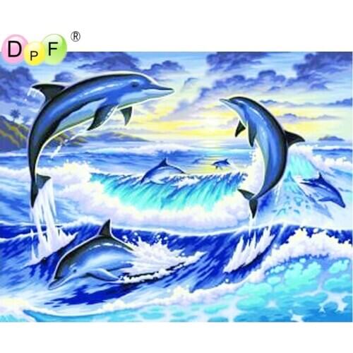 DPF Diamond Embroidery Needlework wave jump dolphin 5D Round full Diamond painting Cross Stitch diamond Mosaic home decor crafts