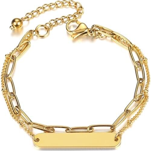 Double Layered Stainless Steel Cute Bracelet for Women Girls Engraving Bar Paperclip Satellite ID Chain Gold Color DDB314