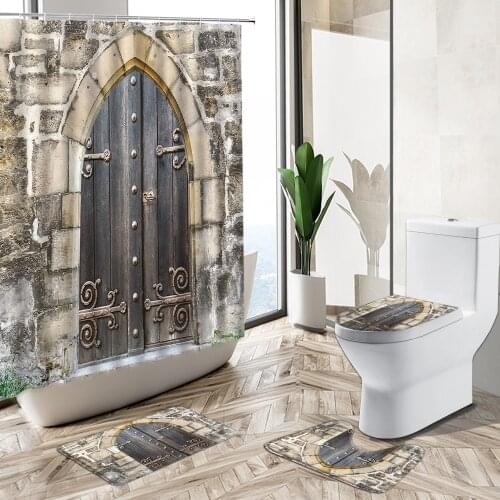 European Retro Brick Wall Old Wooden Door Shower Curtain Set India Geometric Printing Bath Mat Toilet Lid Cover Bathroom Carpet
