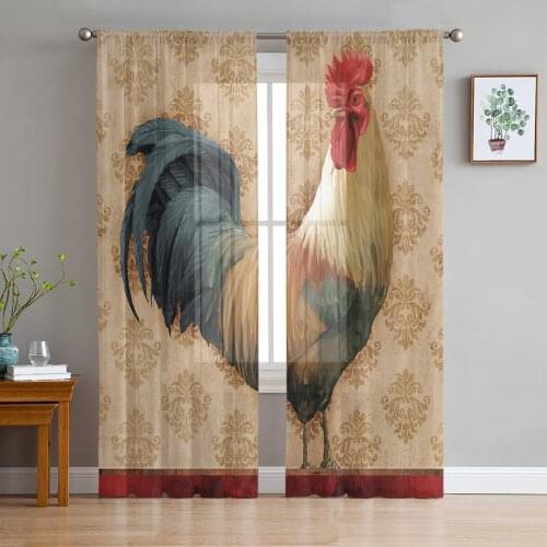Farm Vintage Rooster Texture Sheer Curtains for Living Room Bedroom Tulle Window Drapes for Kitchen Decoration