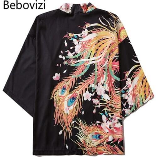 Bebovizi Fashion Japanese Style Golden Phoenix Print Kimono Women Cardigan Yukata Kimono Streetwear Men Tradition Asian Clothing
