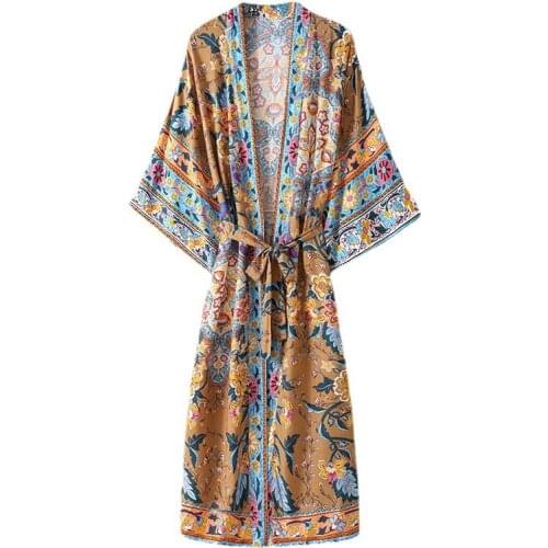 Chiffon Print Sashes Bohemian Vintage Chic Women Kimono Ladies 2021 Summer V Neck Orange Print Long Kimono Top For Women