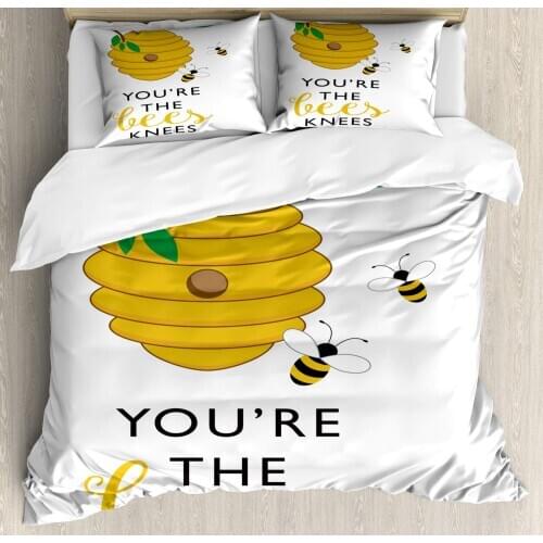 Honey Bee Duvet Cover Set You're The Bees Knees Typography 3 Piece Bedding Set Pale Earth Yellow Umber Jade Green and Dark Brown