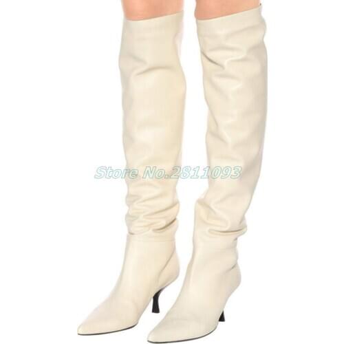 Leather Medium Heel Boots Over The Knee Thin Heel Sexy Pointed Toe Solid Black White Slip On Fashion European Boots Real Picture