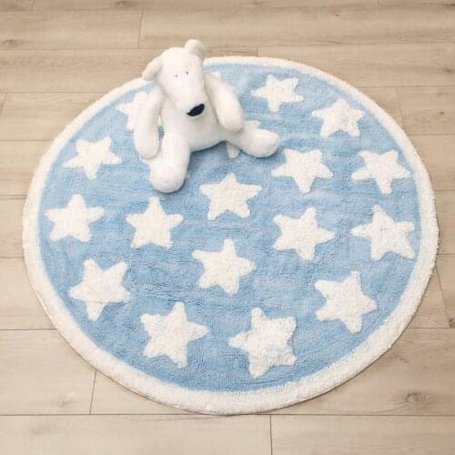 Round Blue Star Kids Floor Rug Cotton Fluffy Nursery Rugs for Children Teepee Tent Game Play Floor Mat Carpet Room Decorations