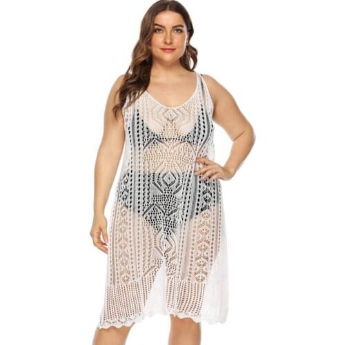 Plus Size Bathing Suit Cover Ups Women Crochet Beach Dress Hollow Out Beachwear Fishnet Swimsuit Cover Up Honeymoon Women 2020